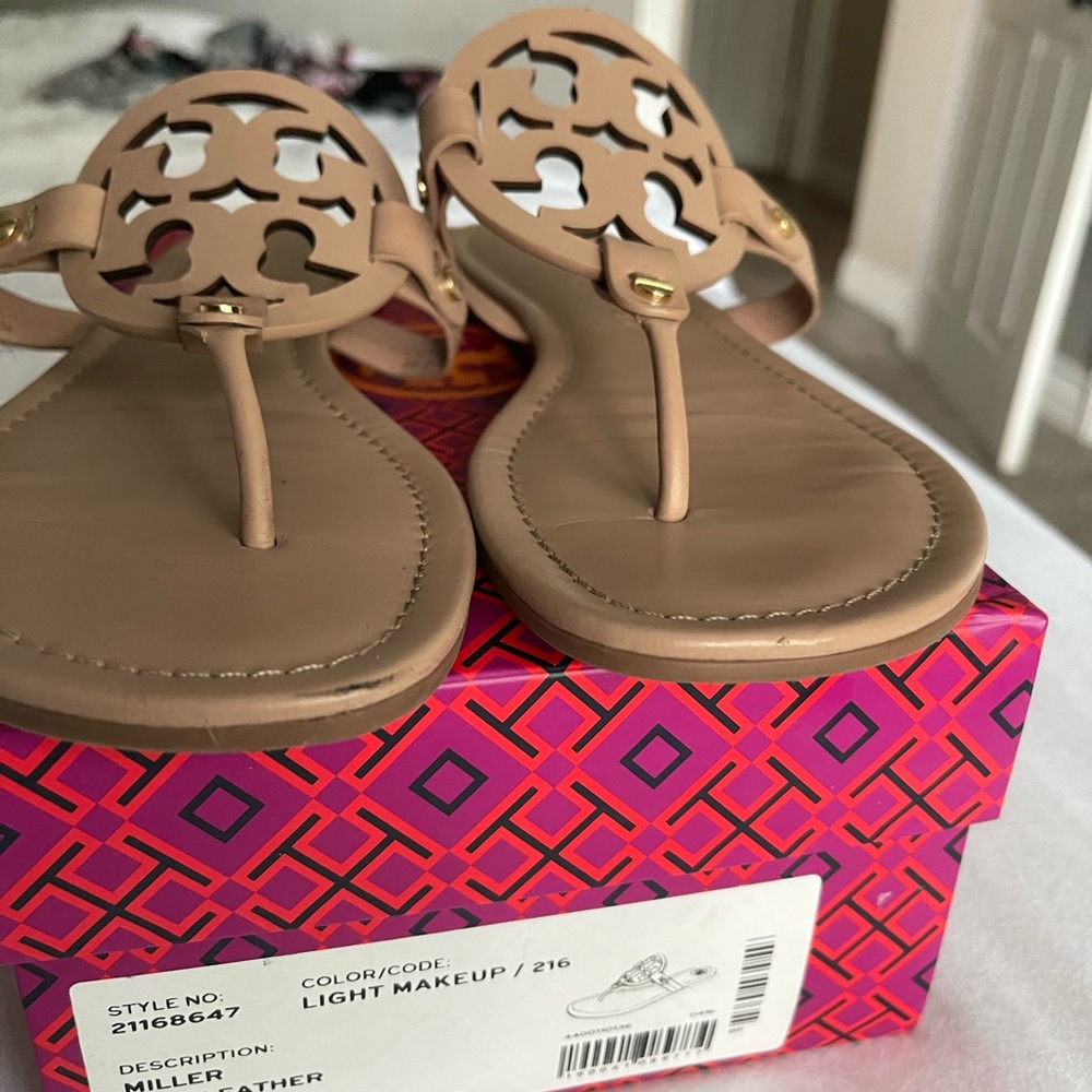 Tory Burch Miller sandals size 10 Light makeup.